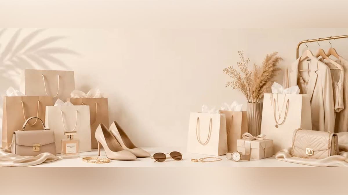 A beige fashion collection with clothing, handbags, heels and accessories